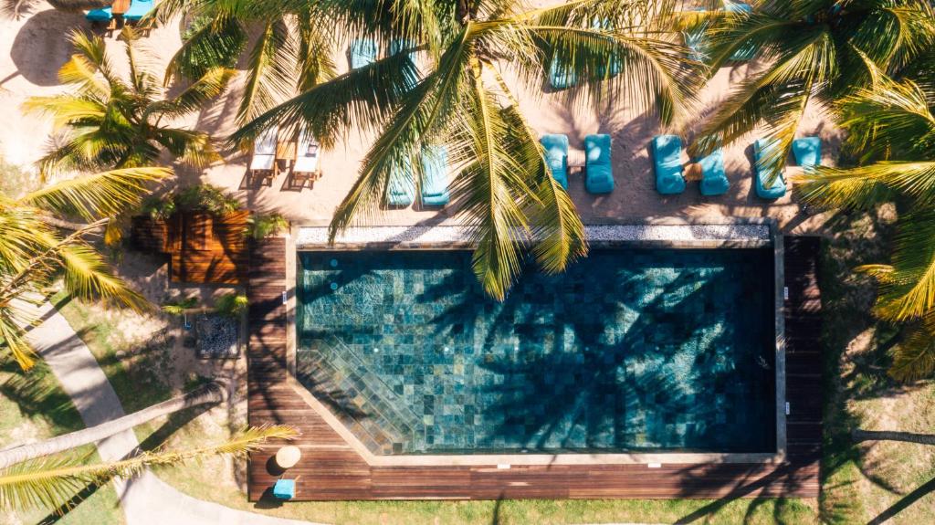 an overhead view of a swimming pool with palm trees at Seasense Boutique Hotel & Spa in Belle Mare