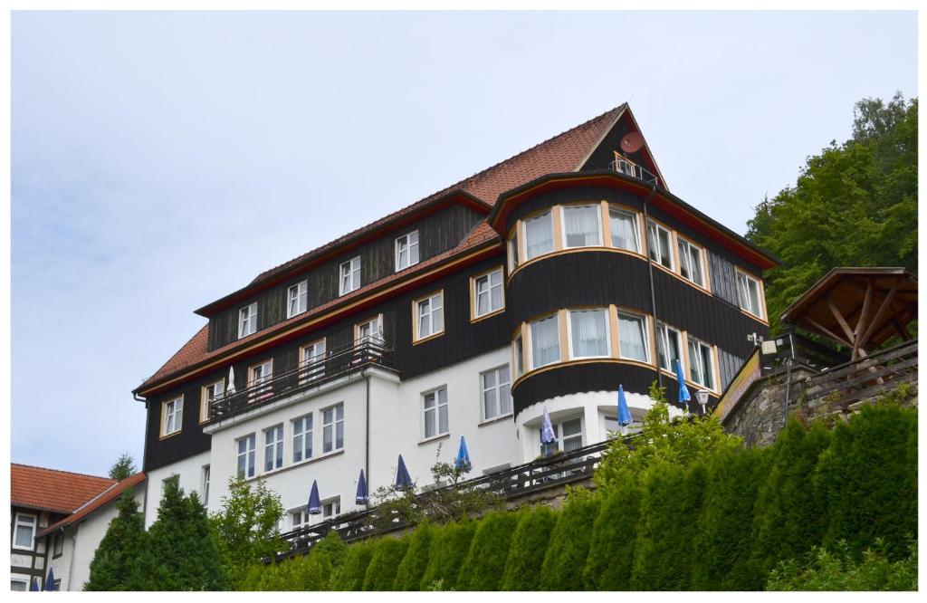 ein großes schwarzweißes Gebäude auf einem Hügel in der Unterkunft Pension & Restaurant " Zum Harzer Jodlermeister" in Altenbrak