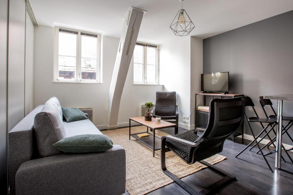 ein Wohnzimmer mit Sofa und Tisch in der Unterkunft Coeur de Lille - cosy appartement 5 in Lille