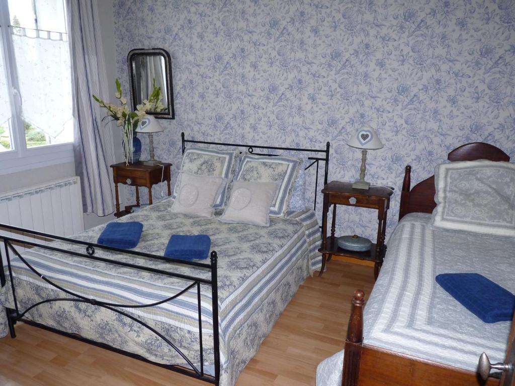 a bedroom with two beds and a mirror at L'arum antique in Sainte-Catherine-de-Fierbois