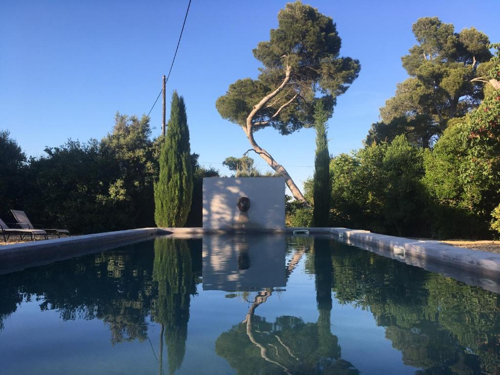 una piscina en un jardín con árboles en el fondo en Domaine de Salabert, en Nissan-lez-Enserune