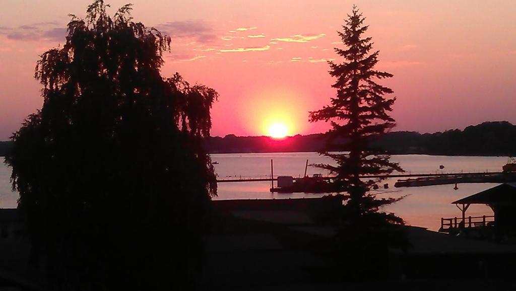 a sunset over a body of water with trees at Ferienwohnungen Am Seeufer 11 in Waren