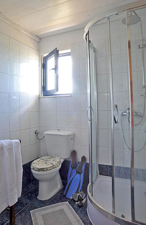 a bathroom with a toilet and a glass shower at Blue Sky in Frangokastello