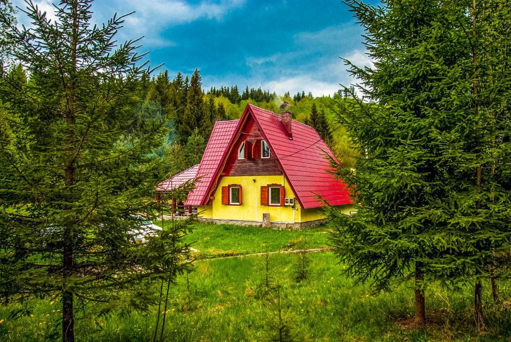 ein Haus mit rotem Dach inmitten von Bäumen in der Unterkunft Doi Frati in Topliţa