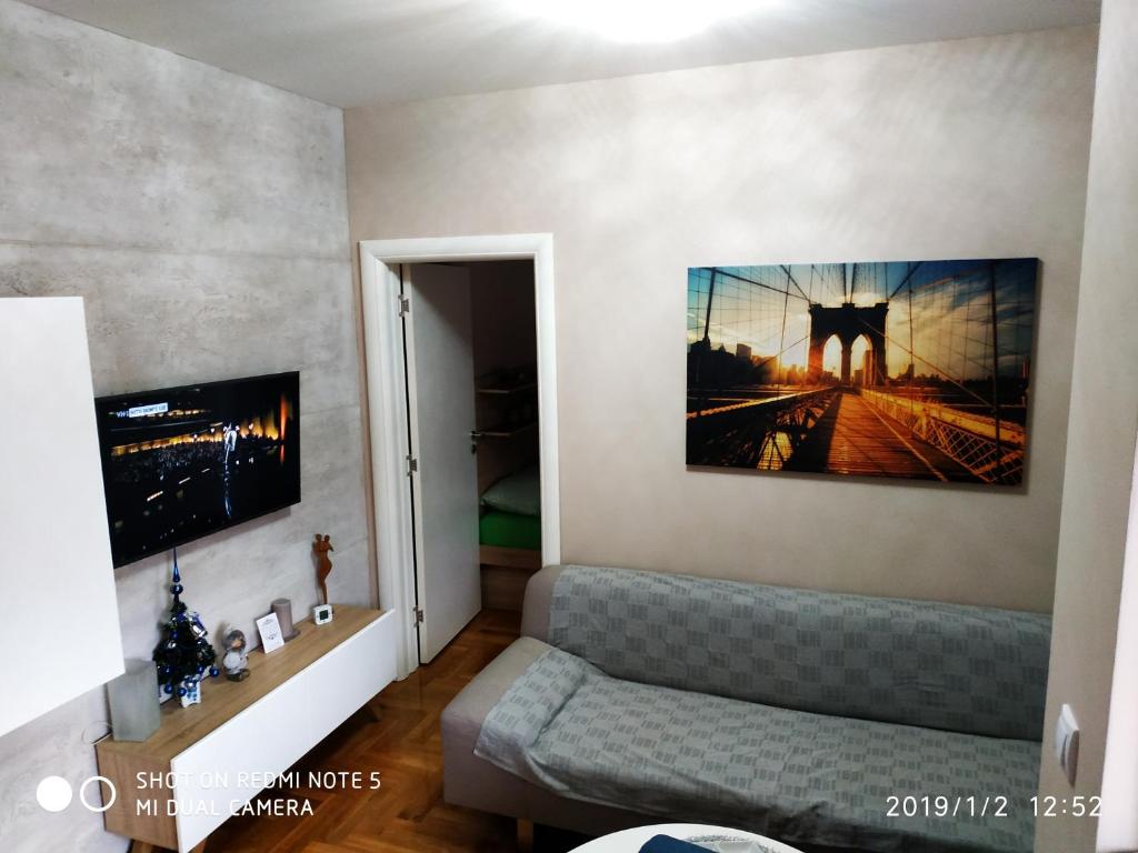 a living room with a couch and a painting on the wall at Flat Kosutnjak 9 in Belgrade