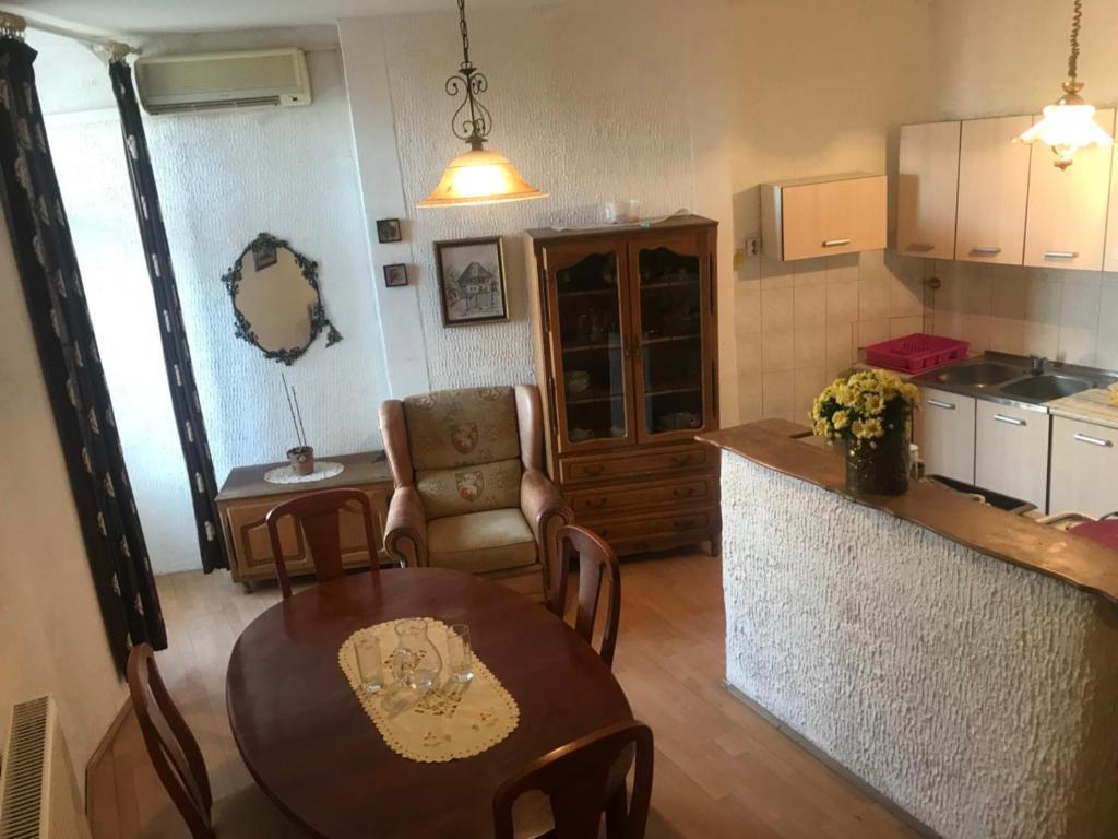 a kitchen and living room with a table and a counter at Apartment Aida in Rijeka