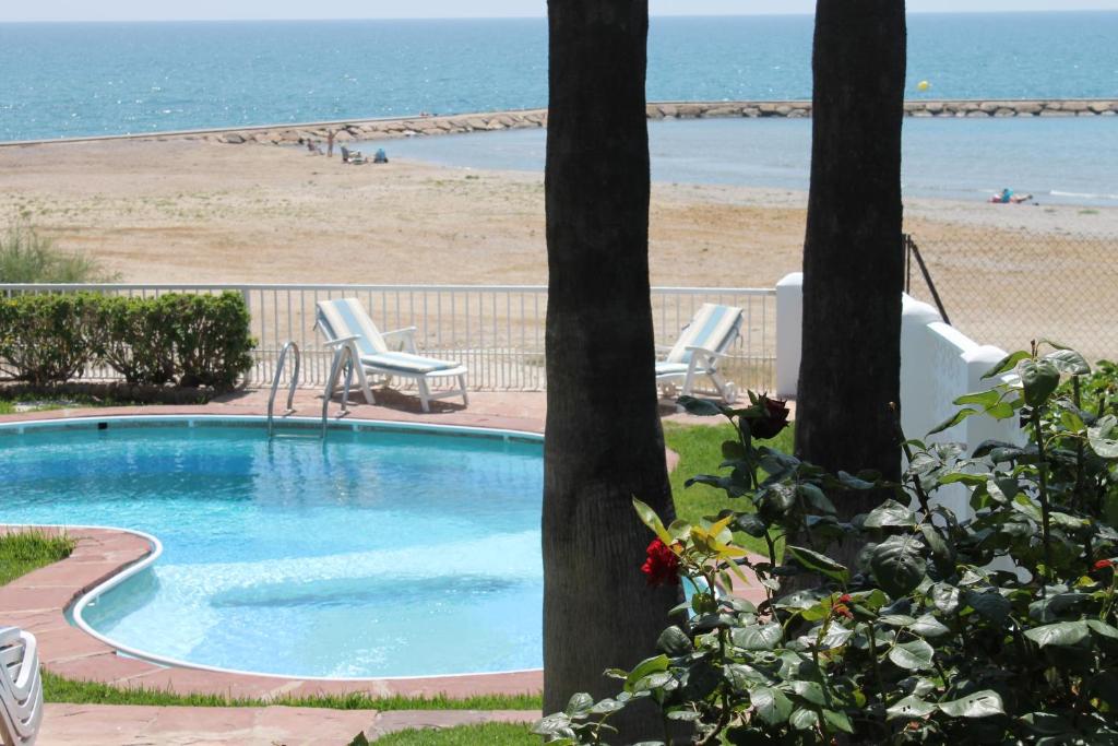 una piscina junto a una playa con 2 palmeras en Villa Seaside, en Benicàssim