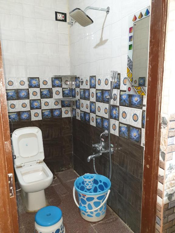 a bathroom with a toilet and a shower at Rks Homestay in Hampi