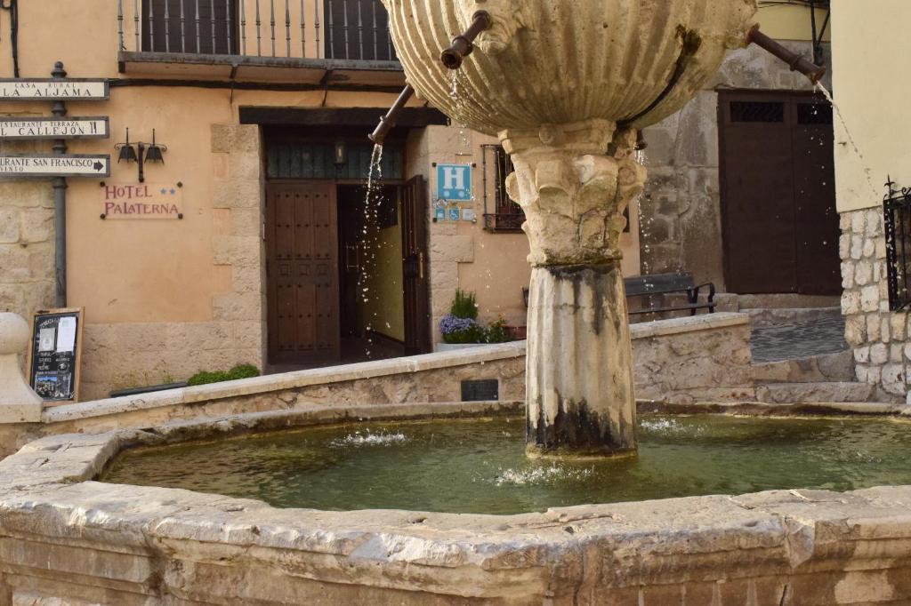 una fuente de agua frente a un edificio en Hotel Palaterna en Pastrana
