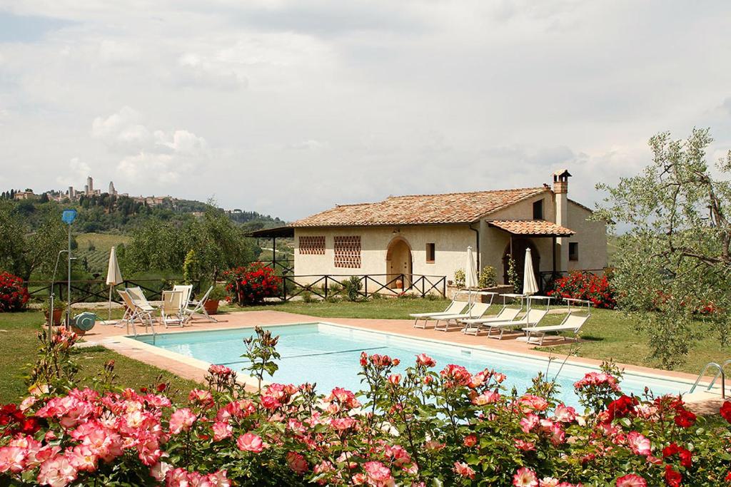 uma casa com piscina em frente a uma casa em Le Fonti Di Santa Lucia em San Gimignano