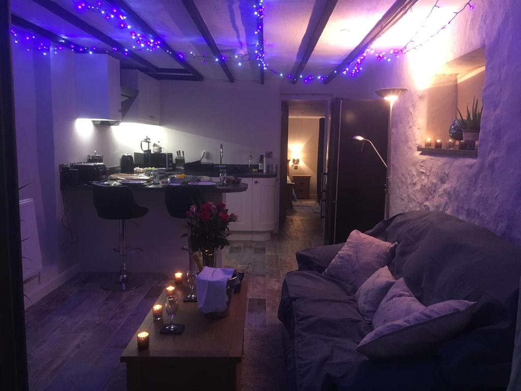 ホルズワージーにあるLittlecotのリビングルーム(ソファ付)、キッチン(紫色の照明付)