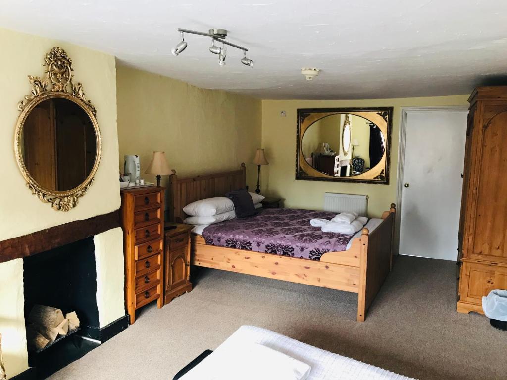 a bedroom with a bed and a mirror at Longs Hotel & Inn in Woburn