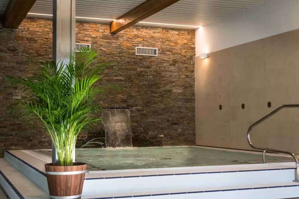 wanna z doniczką przed ścianą z cegły w obiekcie Wellness Hotel Holzberg w mieście Suchá Rudná