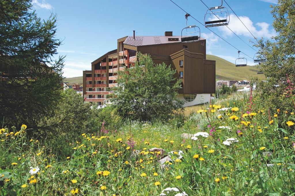a field of flowers in front of a building at Résidence Pierre & Vacances Les Bergers in L'Alpe-d'Huez