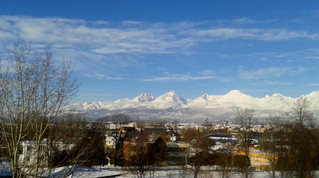 a view of a city with snow covered mountains at Mountain View Studio Apartment in Poprad