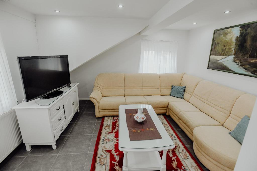Apartman SLAVONIA ĐAKOVO في دياكوفو: غرفة معيشة مع أريكة وتلفزيون