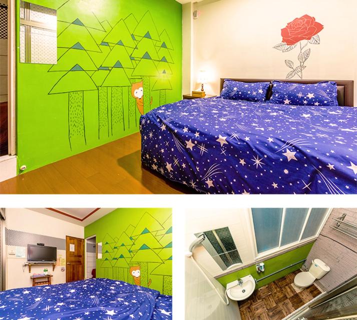 two pictures of a bedroom with a bed and a green wall at New Fox Guest House in Zhuangwei