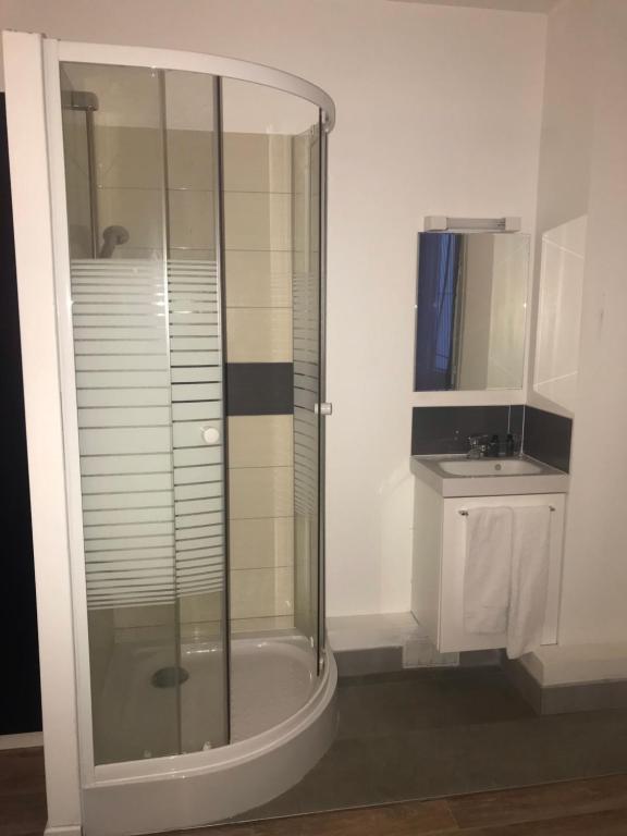 a glass shower in a bathroom with a sink at L'ENTRE-POTS in Sartrouville
