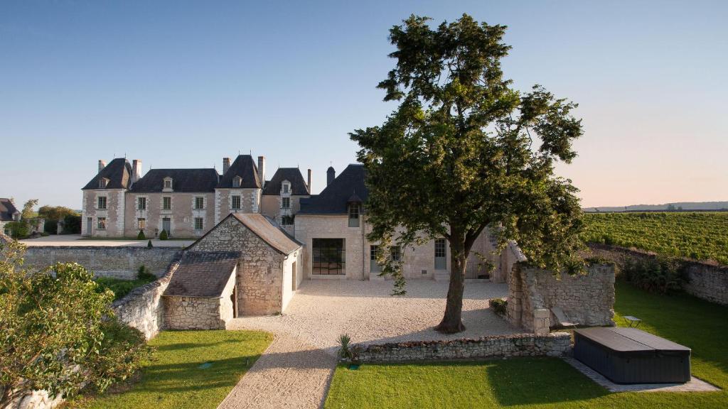 ein Anwesen mit einem Baum und einem Schloss in der Unterkunft Le Clos de Louy in Restigné