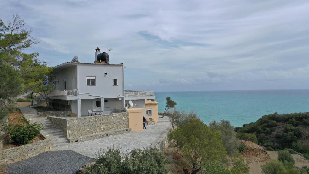 a house with a cow on top of it next to the ocean at Skouros Villa in Kastrí