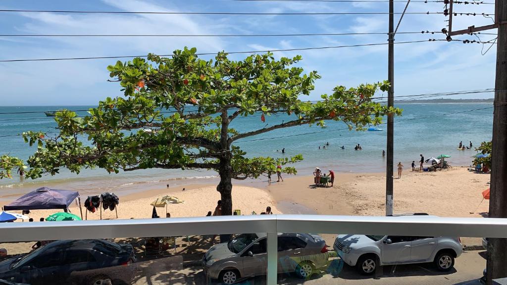 a beach with a tree and people in the water at Apartamento 3 quartos Beira Mar in Anchieta