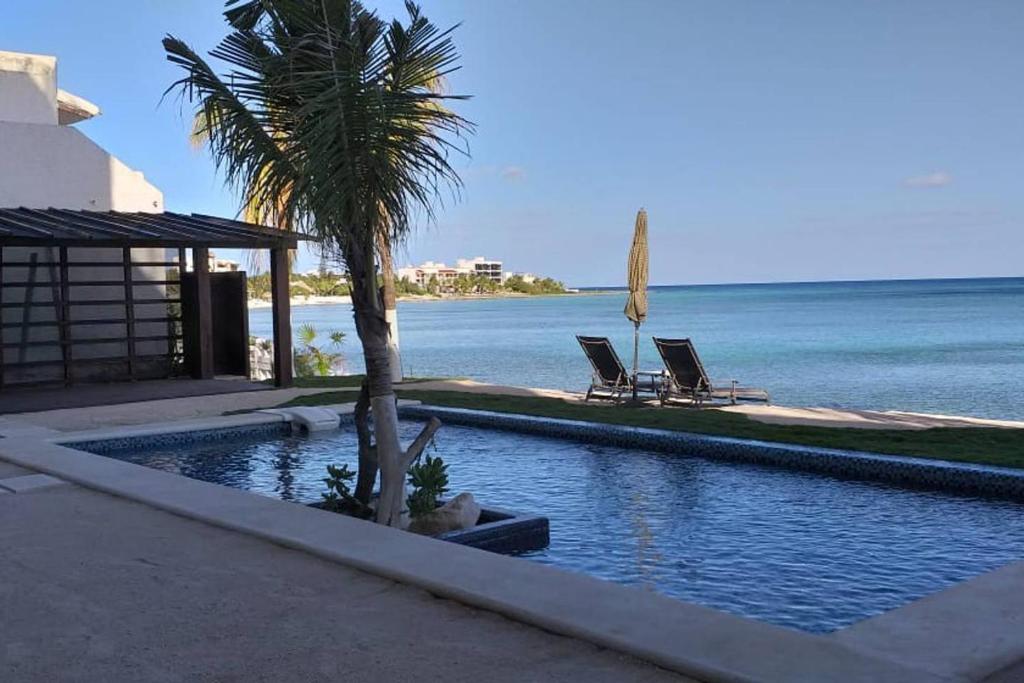 a swimming pool with two chairs and the ocean at Deluxe New Beachfront Penthouse in Akumal in Akumal