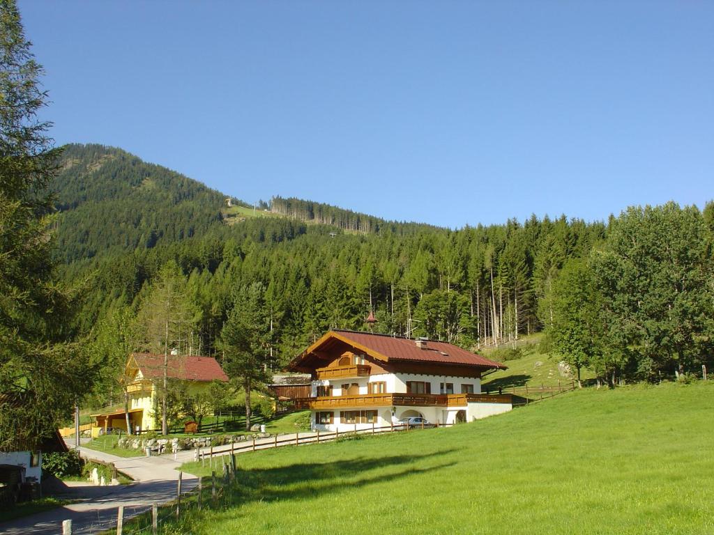 une grande maison sur une colline avec une pelouse dans l'établissement Landhaus Dickhardt, à Schladming