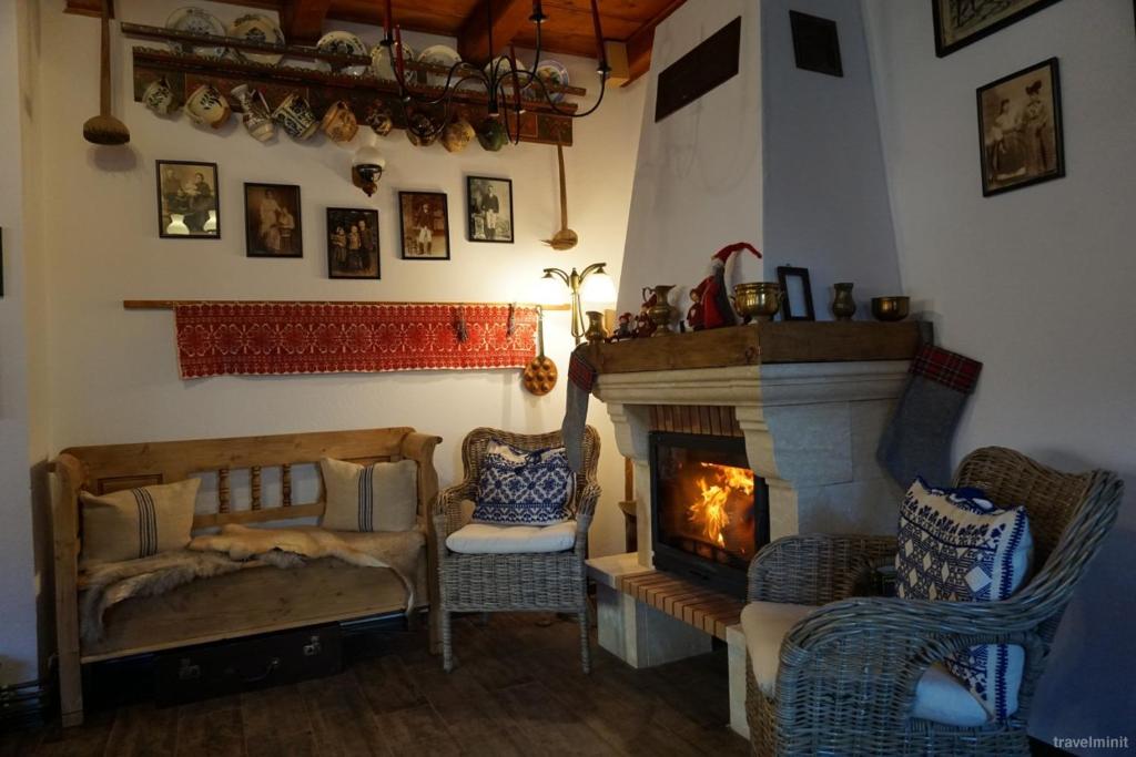 een woonkamer met een open haard en een bank en stoelen bij Pensiunea ARANYOS in Rimetea