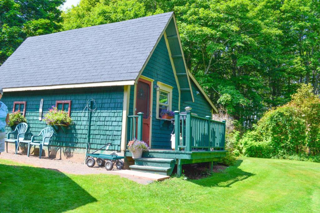 a green tiny house with a porch and a yard at Bugaboo Cottages in Summerside