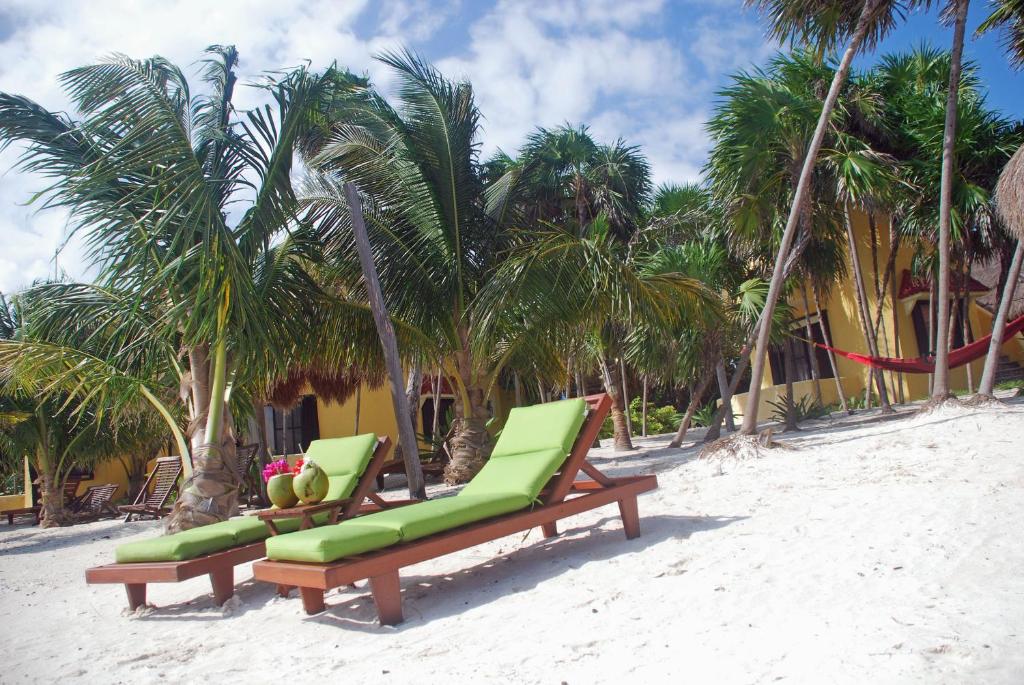 two green lounge chairs on a beach with palm trees at Margarita del Sol Hotel Costa Maya in Mahahual