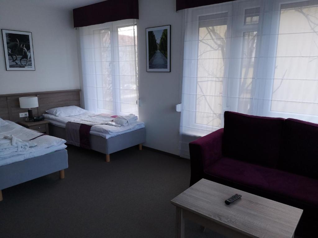 ポズナンにあるWILla Medicaのベッド2台とソファが備わるホテルルームです。