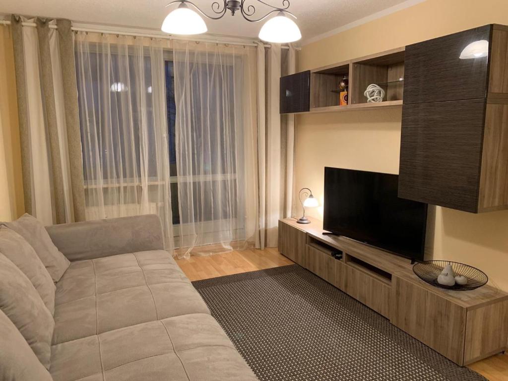 a living room with a couch and a flat screen tv at Apartment City Center Prestige in Dresden