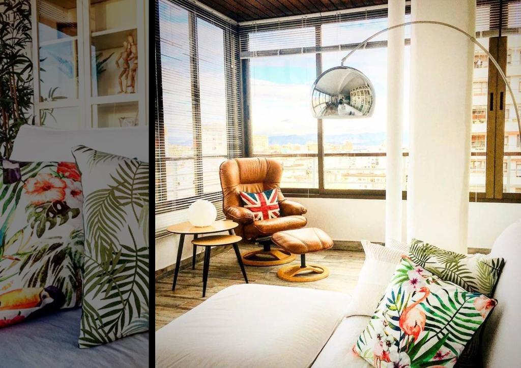 2 imágenes de una sala de estar con una silla y una ventana en Ideal apartamento en Torremolinos, en Torremolinos