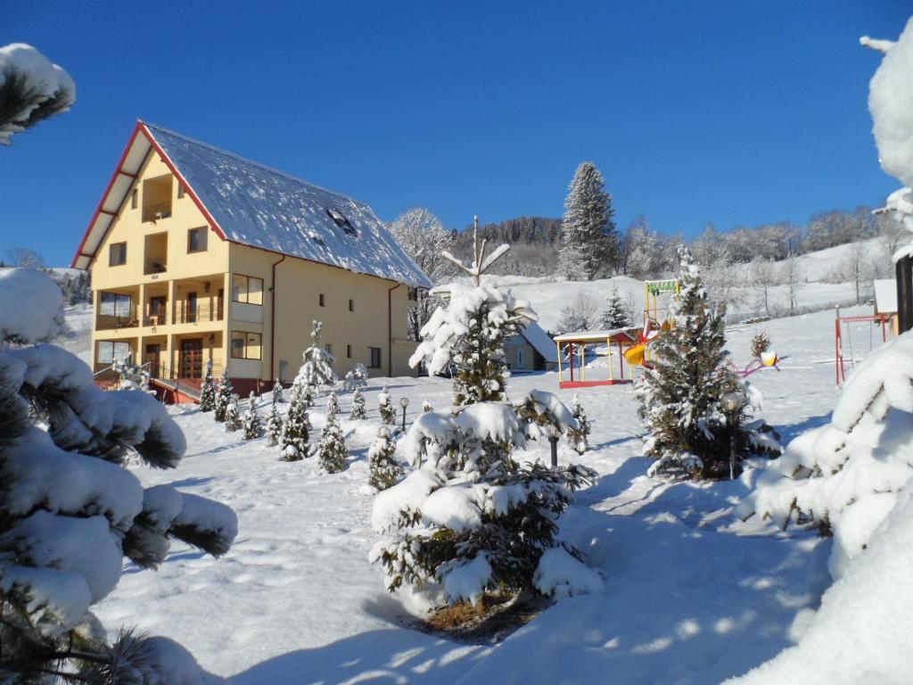 a house with snow covered trees in front of it at Pensiunea Casa Vero in Vama