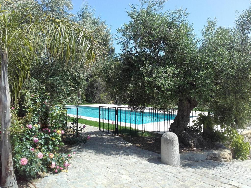 a fence with a tree next to a swimming pool at La Bastide de l'Oliveraie in Le Castellet