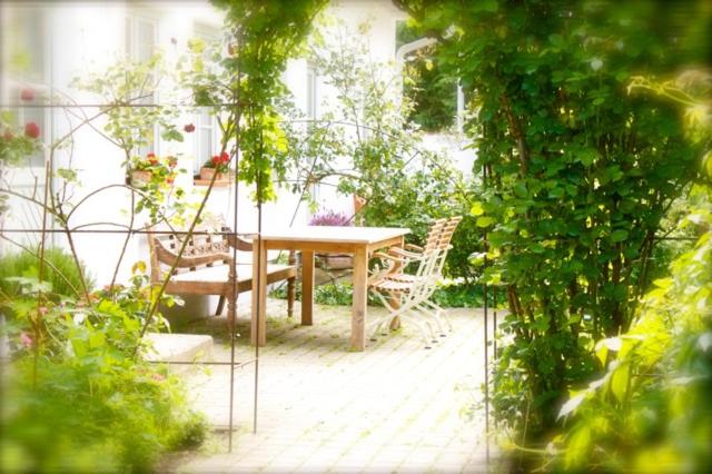 einen Tisch und Stühle auf einer Terrasse im Garten in der Unterkunft Auszeit in Apetlon