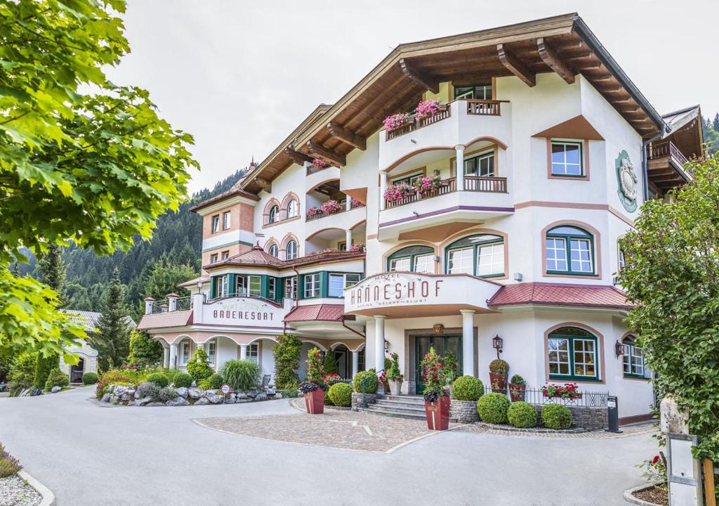 ein Hotel in den Bergen mit einem Gebäude in der Unterkunft Familien- und Wellnesshotel Hanneshof in Kleinarl