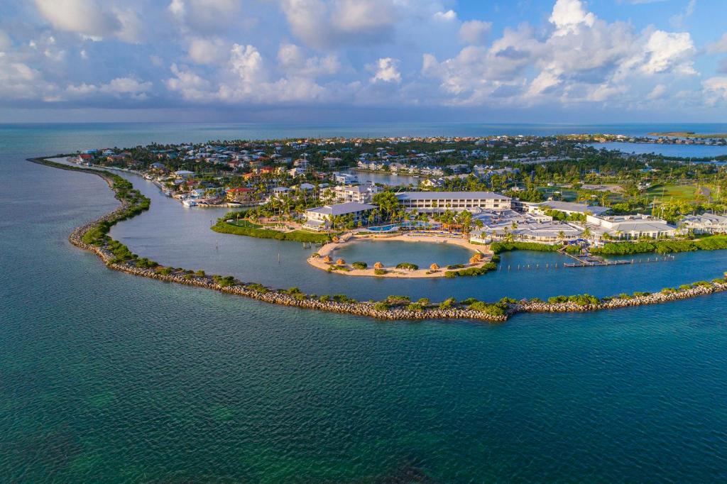 an aerial view of an island in the water at Hawks Cay Resort in Marathon