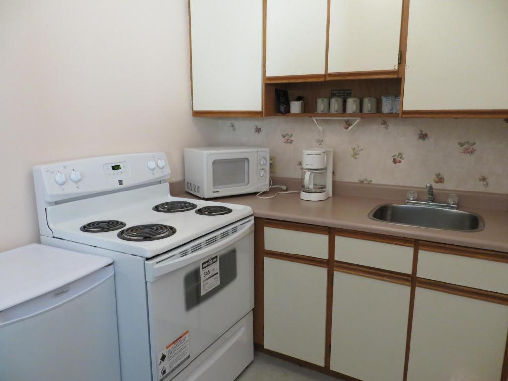 a kitchen with a stove and a microwave at Alpine Motel in Hope