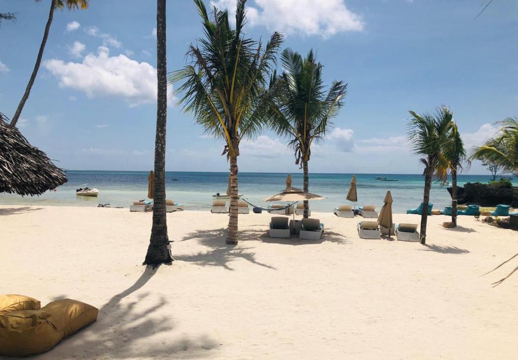 a beach with chairs and palm trees and the ocean at Fruit & Spice Wellness Resort Zanzibar in Kizimkazi
