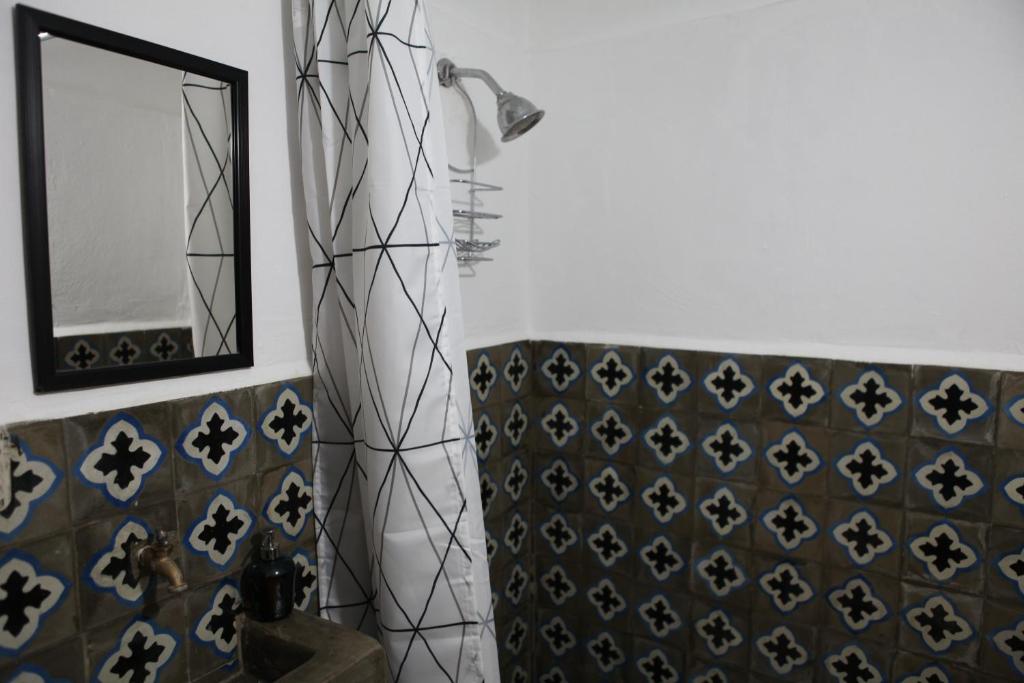 a bathroom with a mirror and a shower at Hostal La Tortuga Booluda in León