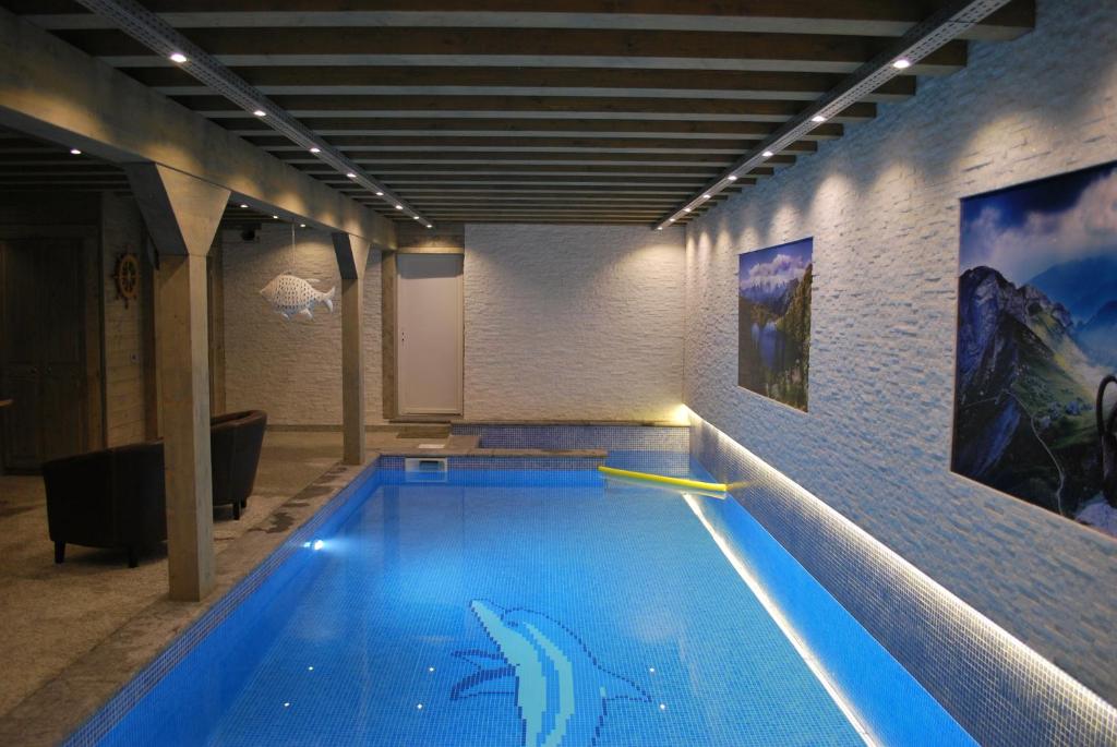 uma grande piscina com um tubarão pintado nela em De Blockhut em Grône