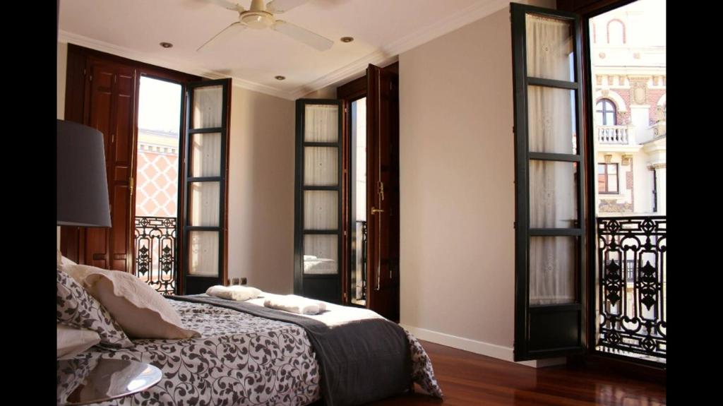 巴利亞多利德的住宿－La Casa del Val，一间卧室设有一张床和一些窗户。