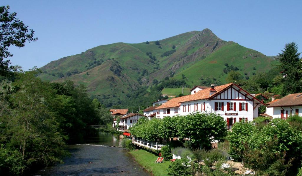 a village with a river and mountains in the background at Hôtel Arcé in Saint-Étienne-de-Baïgorry