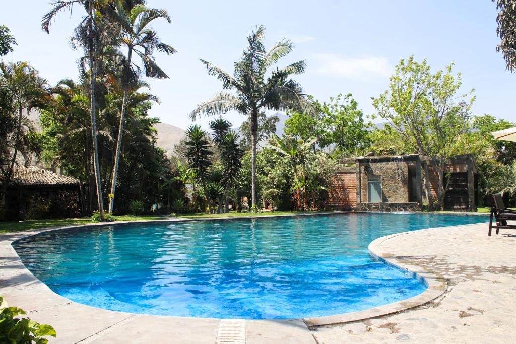 a swimming pool in a resort with palm trees at Casa del Gringo in Cieneguilla