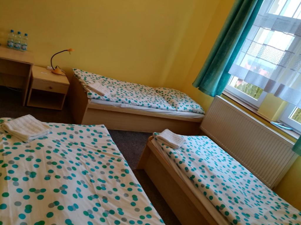 una camera da letto con due letti e una finestra di Hotel Modrá hvězda Sadská a Sadská