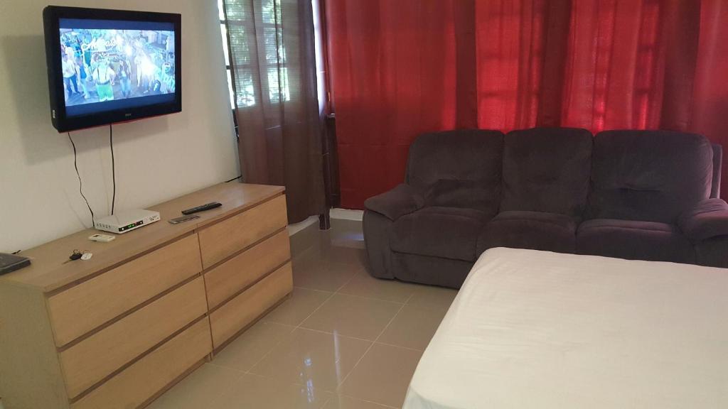 ein Wohnzimmer mit einem Sofa und einem TV in der Unterkunft TERRAZAS DEL CARIBE, APARTA HOTEL. in Santo Domingo