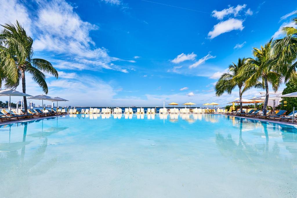 a large swimming pool with palm trees and umbrellas at The Standard Miami in Miami Beach