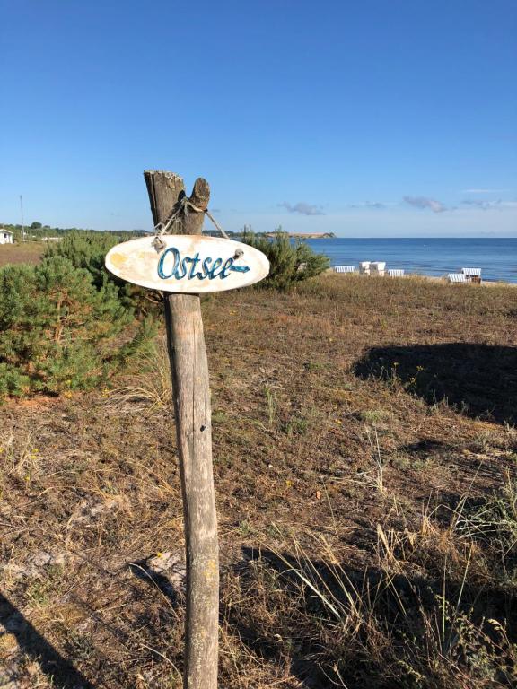 een surfplank op een houten paal op het strand bij Strandvilla Waldhaus in Boltenhagen