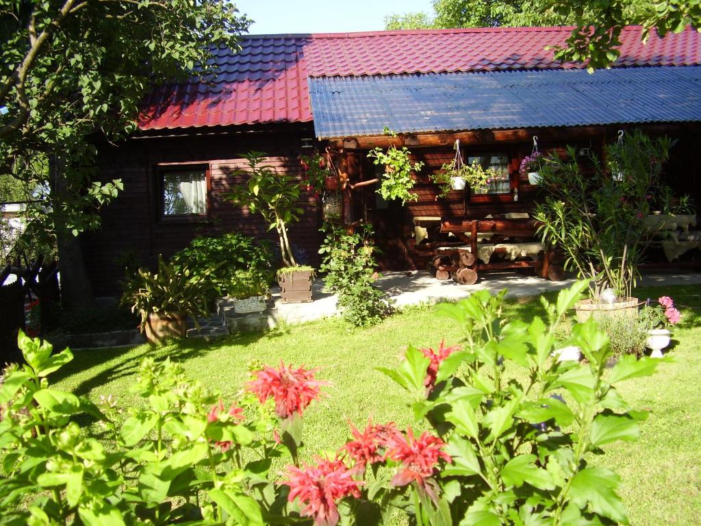 a log cabin with flowers in front of it at Cabana Ana in Cavnic